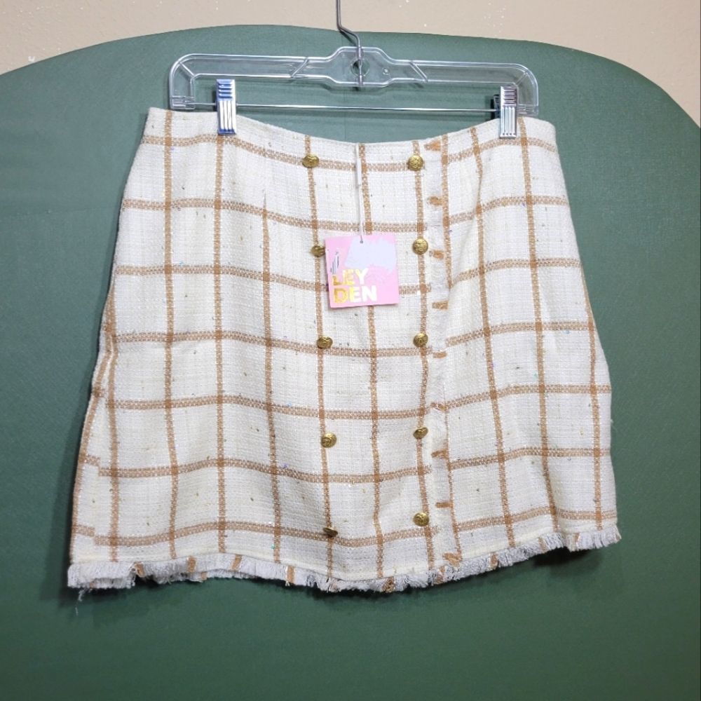 Size L Leydon NWT Tweed Plaid Skirt With Glitter + Gold